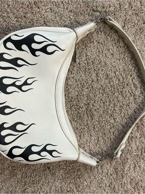 Bershka White Shoulder Bag with Black Flame Motif